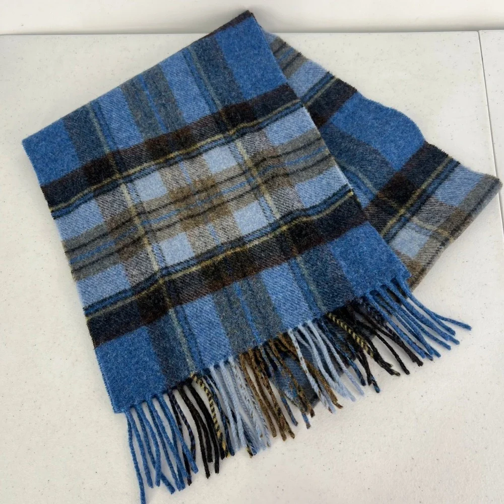John Hanly 100% Lambswool Scarf Made in Ireland Blue Plaid Fringed Men Accessory